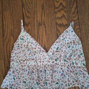 Blue Blush White Floral Ruffle Cami with Pink & Green Accents
